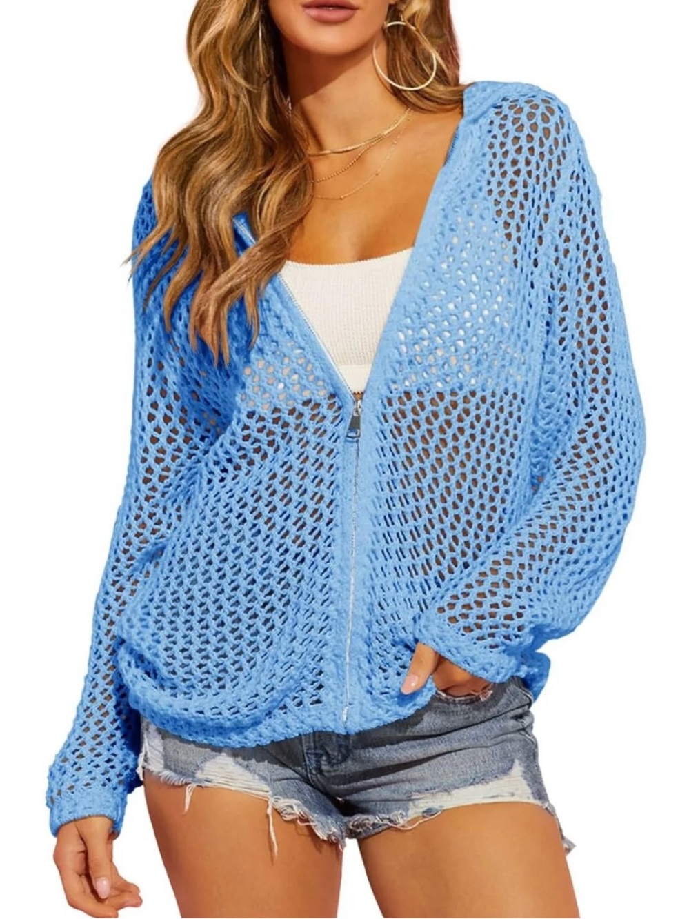 Blue  Open Weave Hooded Cardigan Jacket  Slub Knit Drape Sweater NWOT